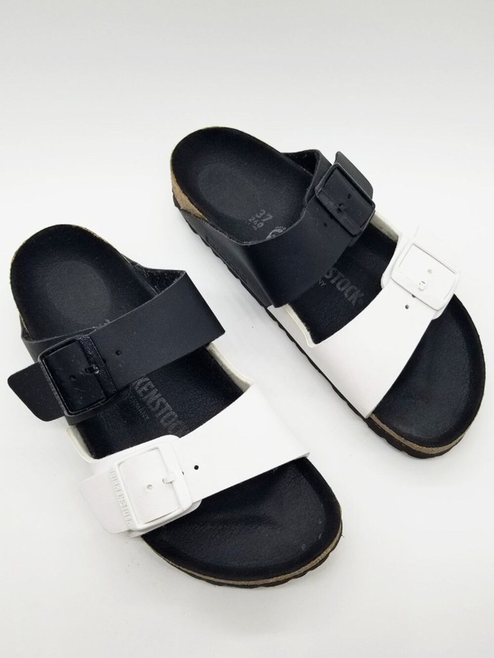 Birkenstock Arizona Split Birko-Flor Sandals  Womens 37 Black White Strap Slide